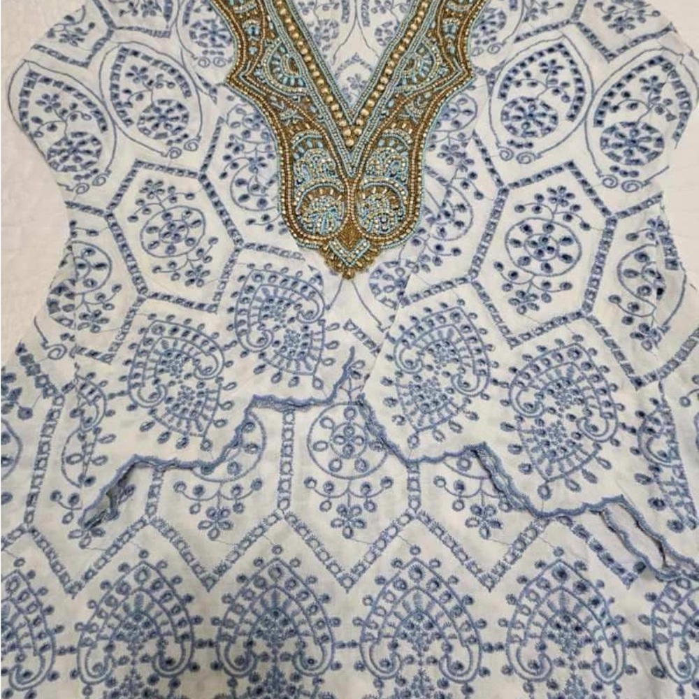 Boston Proper Blue and Gold Embroidered Blouse